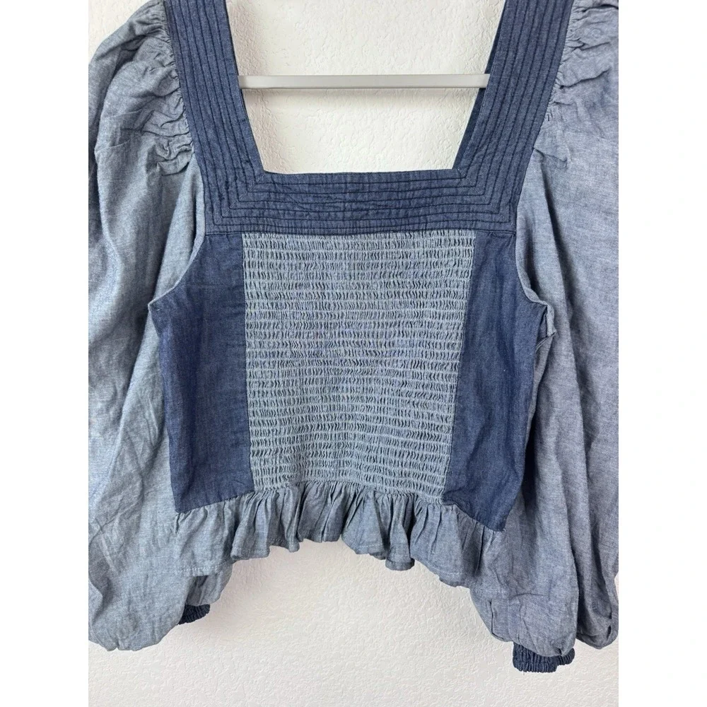 Anthropologie x‎ Love the Label Smocked Puff-Sleeve Blouse Top S Denim Blue Boho - Picture 11 of 12